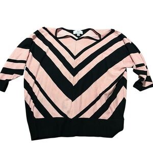 Magaschoni V-Neck Sweater in Pink and Black Stripe Plus Size 2X Classic Luxury